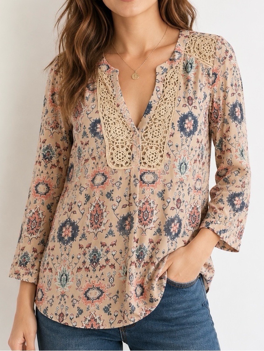 Maeve Anthropologie Viola Boho Floral Crochet V Neck Blouse 0